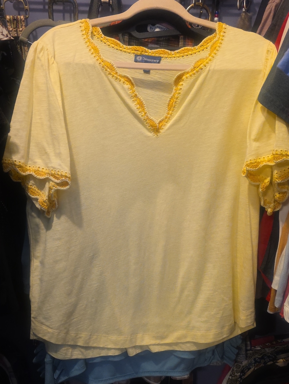 Democracy Pale Yellow Crochet-Trim Short Sleeve Tee